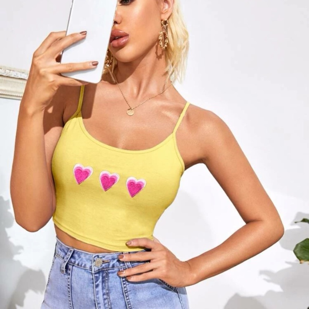 Womens Embroidered Hearts Spaguetti Strap Tank Crop Top Size L/G